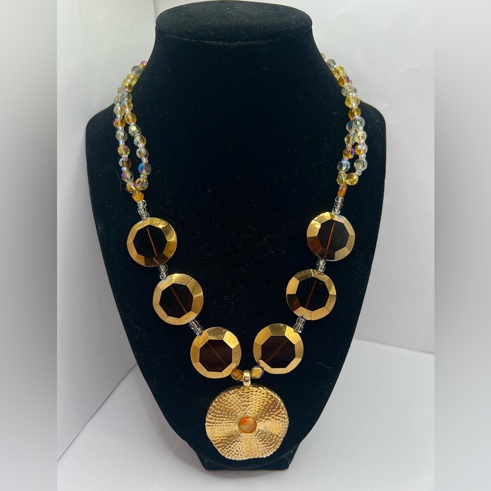 Vintage Avgad Gold & Amber Beaded Statement Necklace – Hammered Pendant